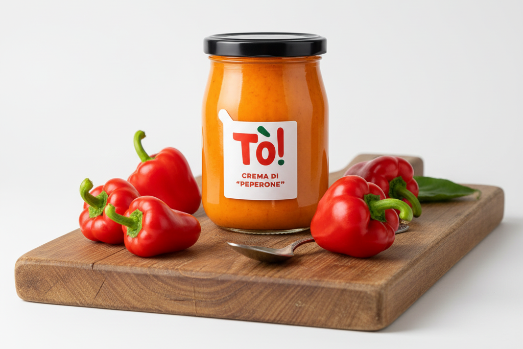 Crema di Peperone Papaccella su tagliere con peperoni freschi