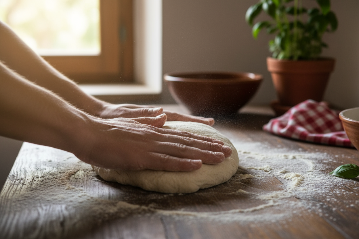 immagine di una persona che impasta la pizza in casa che si vedano solo le mani 
