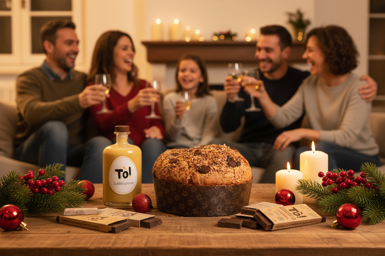 Natale con prodotti Tò! e famiglia sul divano