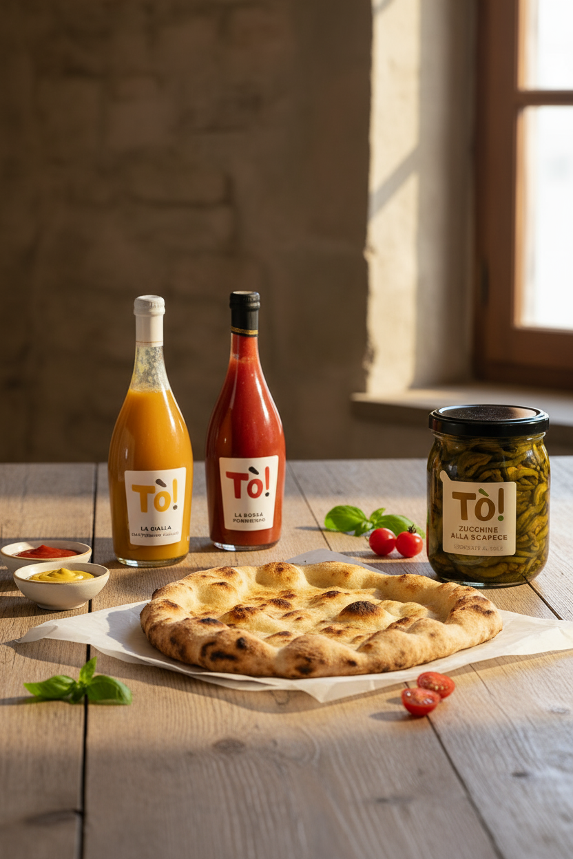 Pinsa con salse e zucchine scapece Tò