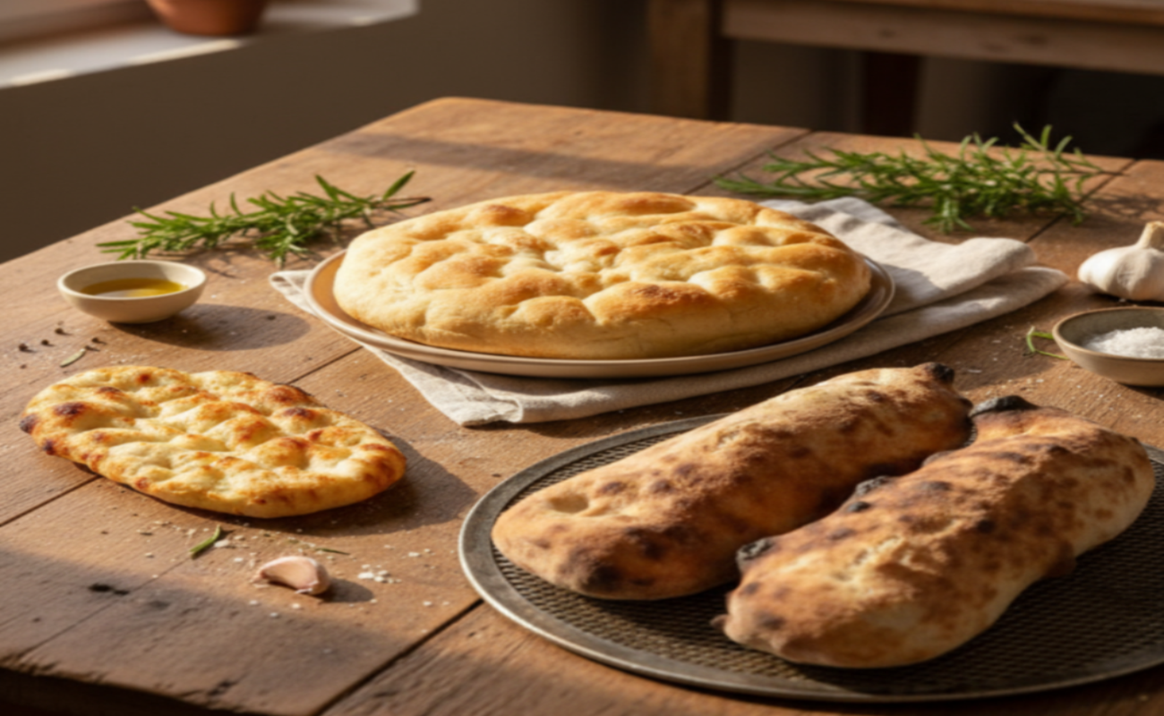 Pinsa, padellotto e isolotto su tavolo da cucina