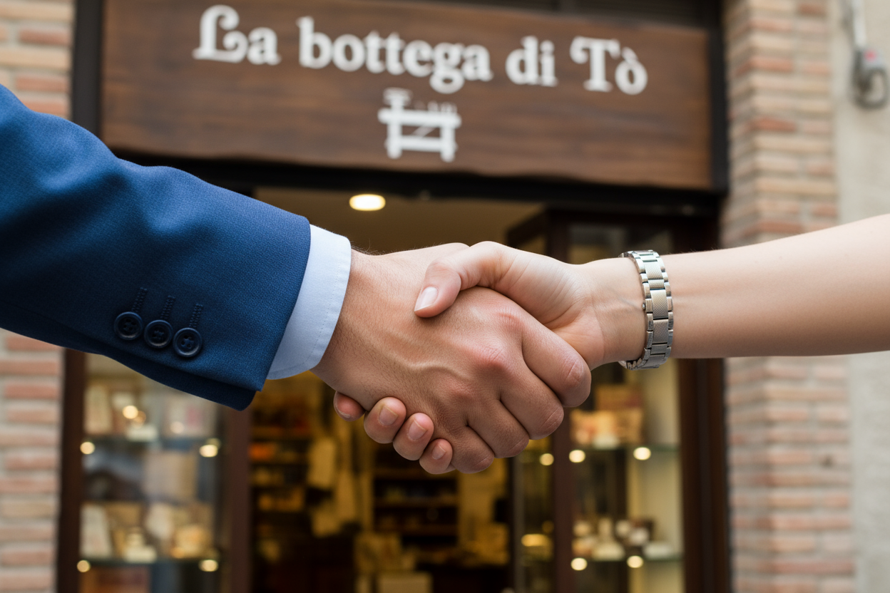 Stretta di mano con insegna La bottega di Tò