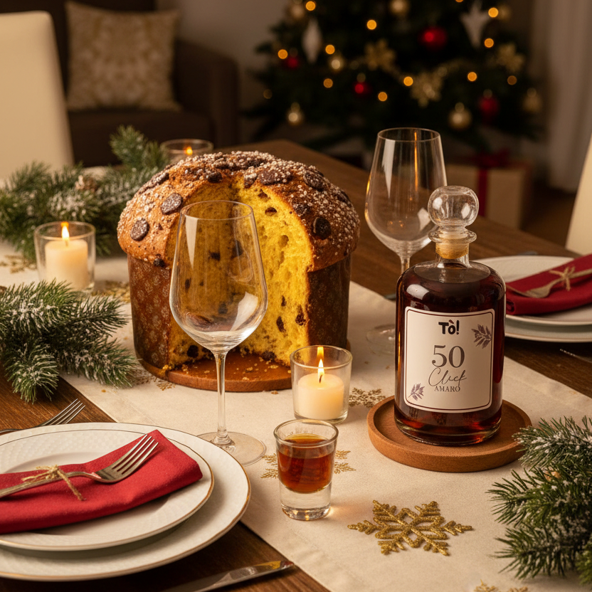 Tavola di Natale con amaro Tò! e panettone